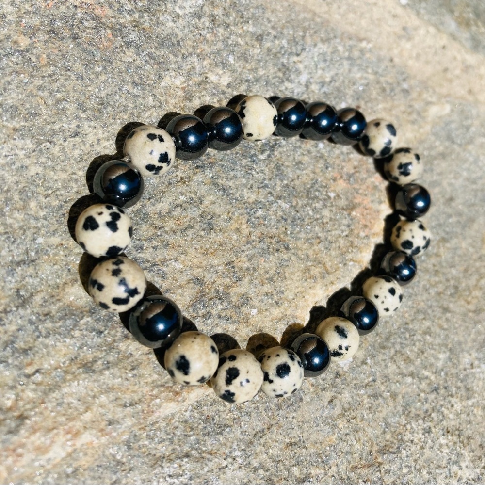 Hematite & Dalmatian Spot Jasper Gemstone Bracelet